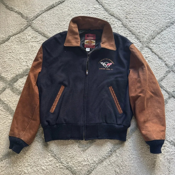 Vintage Reed sportswear leather wool varsity jacket navy brown corvette large - Picture 1 of 11